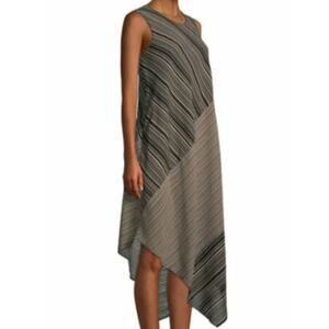 Donna Karan Dress Womens Large Black Tan Striped Asymmetrical Hem Elegant